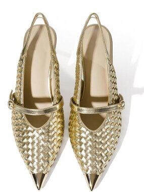 Women's Gold Slingback Stiletto Heels Closed Pointed Toe Buckle Strap Shoes